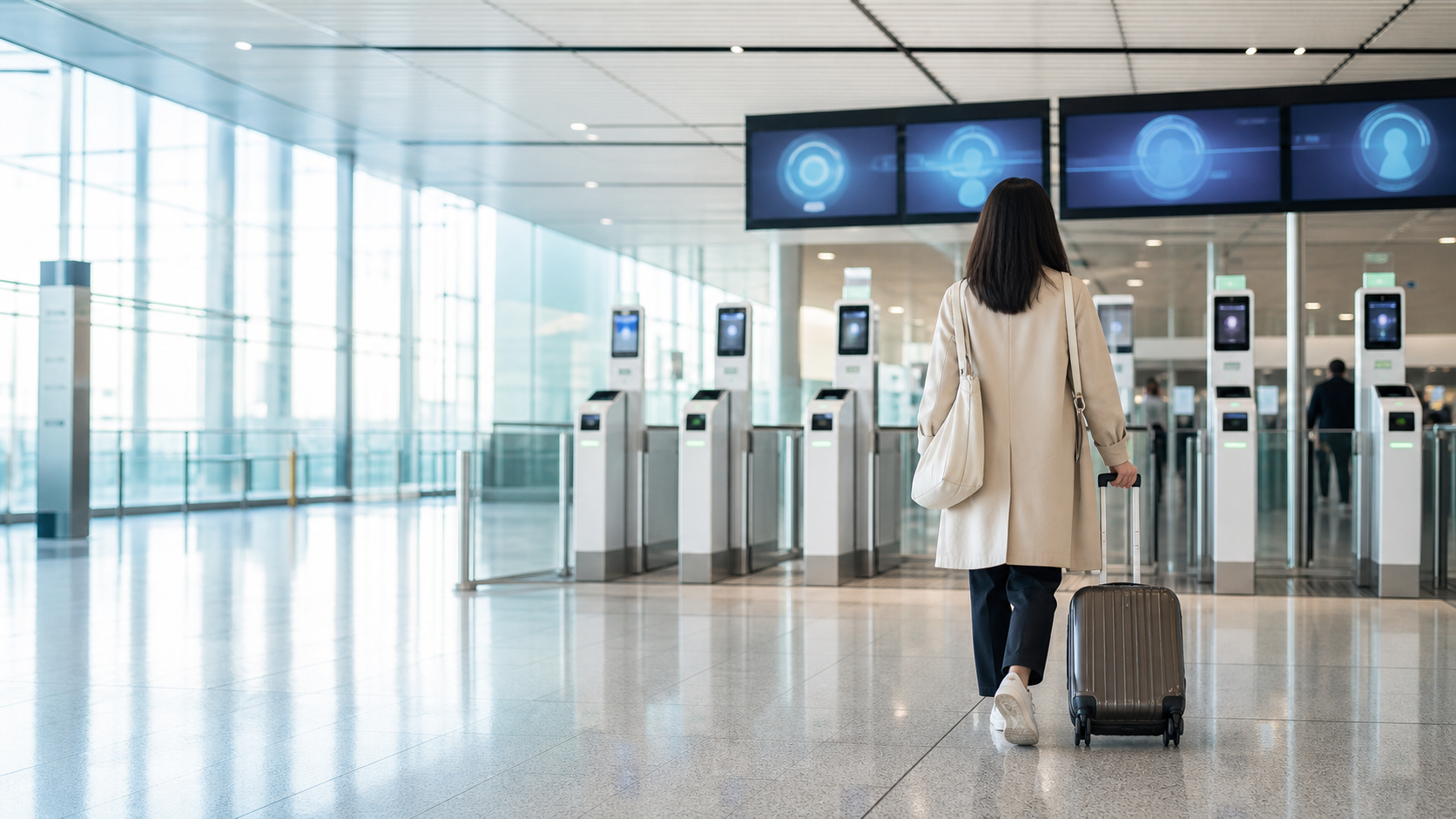 欧州の空港にある自動化ゲートへ進む旅行者のイメージ